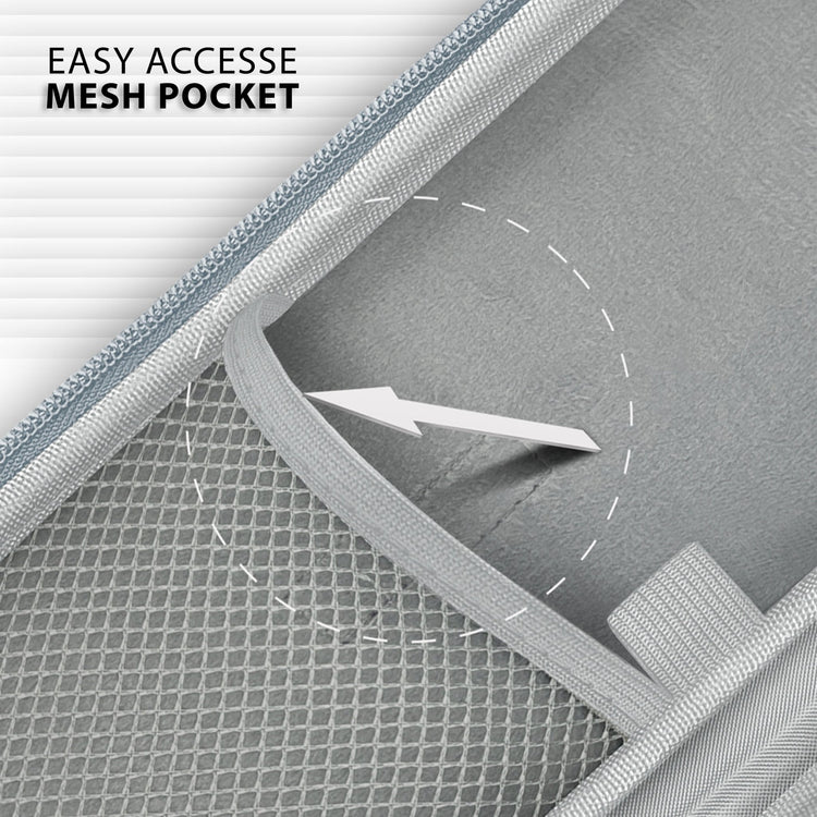 A detailed view looking inside the gray stethoscope case, highlighting the "easy accesse mesh pocket" (sic) on the left side, designed for organized storage of medical accessories.