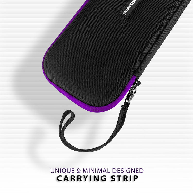 A close-up graphic of the corner of the black hard-shell case with purple trim, focusing on the "unique and minimal designed carrying strip" attached to the zipper area.
