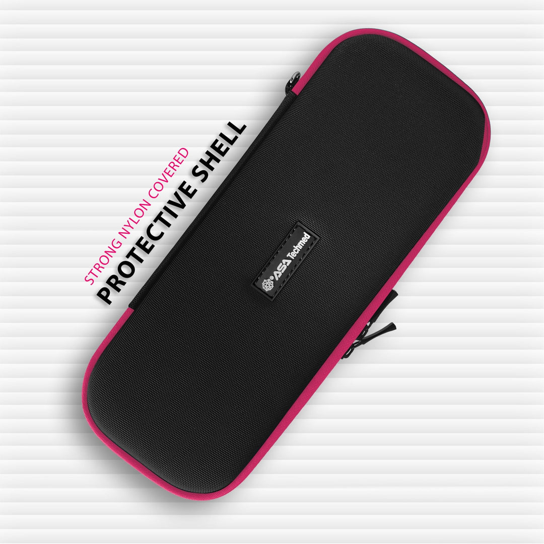 An angled view of the closed rectangular carrying case. Text on the left points to the "STRONG NYLON COVERED PROTECTIVE SHELL" that provides a durable exterior for the medical tools.