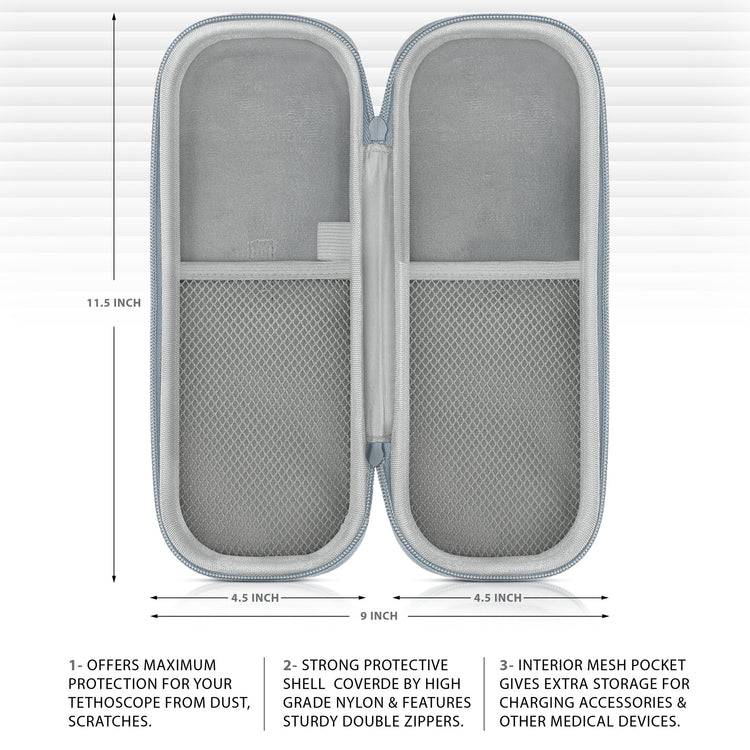 An informational graphic for an open gray stethoscope case showing its dimensions as 11.5 inches tall and 9 inches wide (4.5 inches per side). Text at the bottom highlights features including maximum protection from dust and scratches, a strong high-grade nylon protective shell with sturdy double zippers, and an interior mesh pocket for accessories.