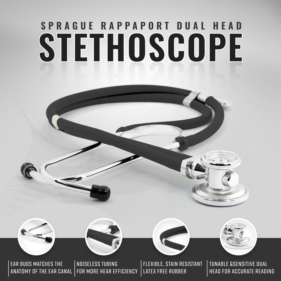 An infographic for a black Sprague Rappaport dual-head stethoscope. Bottom callouts highlight key features: earbuds matching the anatomy of the ear canal, noiseless tubing, flexible latex-free rubber, and a tunable dual head for accurate hearing of high and low frequencies.