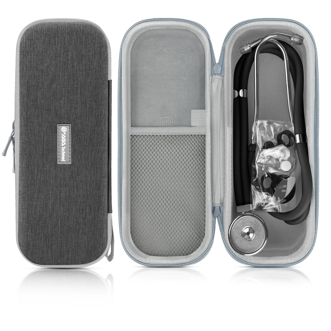 A product layout showing a closed gray and gray stethoscope case next to an open one. The open case contains a black stethoscope and various accessories like extra earpieces and diaphragms secured in a mesh pocket. 