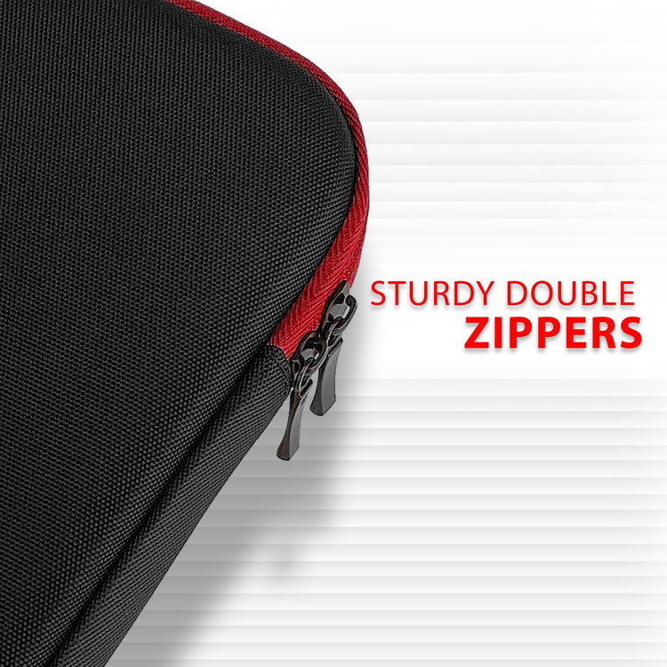 A close-up shot of the dual zipper mechanism on the black and red case, with text identifying the "STURDY DOUBLE ZIPPERS" used for secure closure.