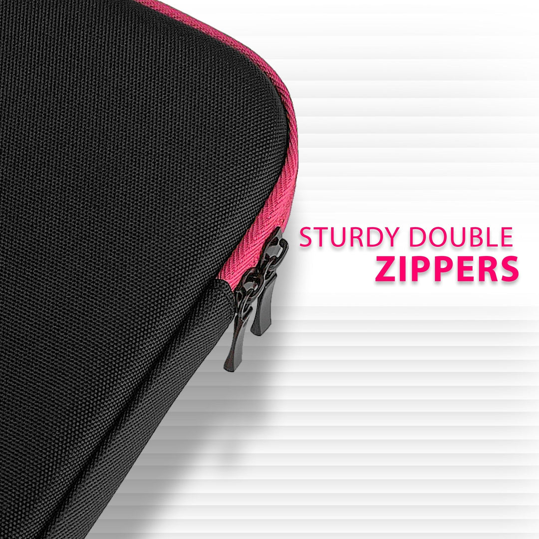 A close-up shot of the dual zipper mechanism on the black and pink case, with text identifying the "STURDY DOUBLE ZIPPERS" used for secure closure.