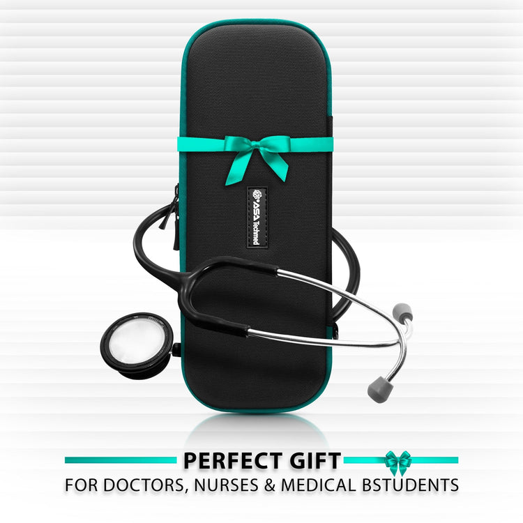 A promotional image of the closed black and turquoise case decorated with a turquoise ribbon and bow. A stethoscope is draped around it, and text at the bottom reads: "PERFECT GIFT FOR DOCTORS, NURSES & MEDICAL BSTUDENTS" (sic).