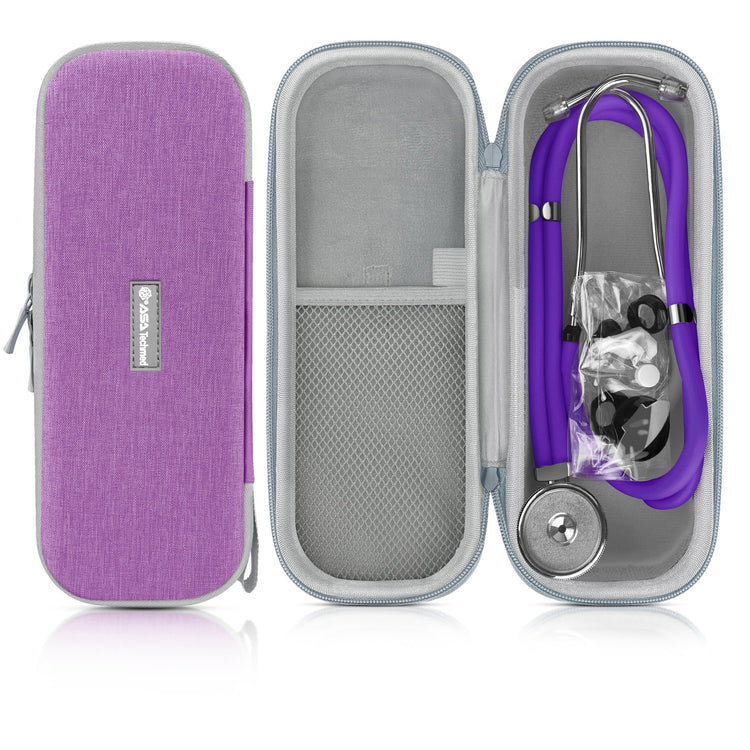 A product layout showing a closed gray and purple stethoscope case next to an open one. The open case contains a purple stethoscope and various accessories like extra earpieces and diaphragms secured in a mesh pocket. 