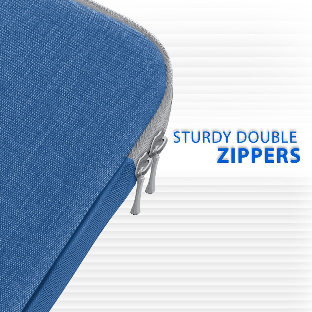 A close-up shot of the dual zipper mechanism on the gray and blue case, with text identifying the "STURDY DOUBLE ZIPPERS" used for secure closure.