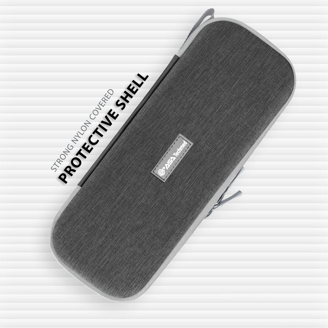 An angled view of the closed rectangular carrying case. Text on the left points to the "STRONG NYLON COVERED PROTECTIVE SHELL" that provides a durable exterior for the medical tools.