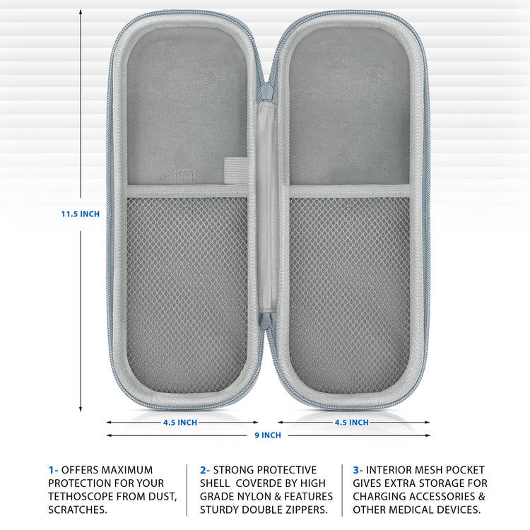 An informational graphic for an open gray stethoscope case showing its dimensions as 11.5 inches tall and 9 inches wide (4.5 inches per side). Text at the bottom highlights features including maximum protection from dust and scratches, a strong high-grade nylon protective shell with sturdy double zippers, and an interior mesh pocket for accessories.