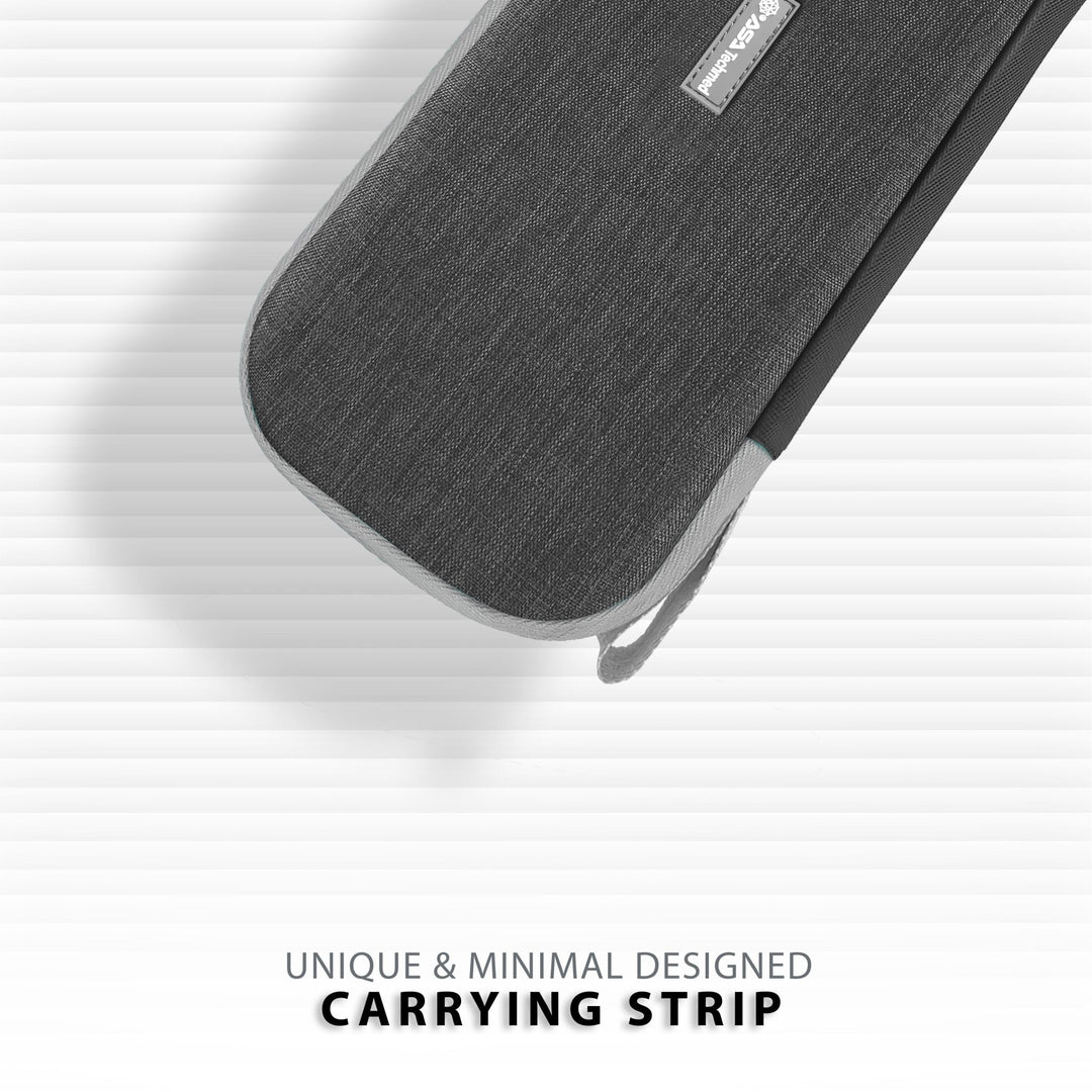 A close-up graphic of the corner of the gray hard-shell case with gray trim, focusing on the "unique and minimal designed carrying strip" attached to the zipper area.