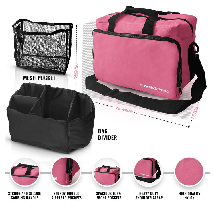 Infographic showing the pink medical bag with dimensions (15x10x7.5 inches) and features like a removable divider, mesh pocket, and heavy-duty shoulder strap.