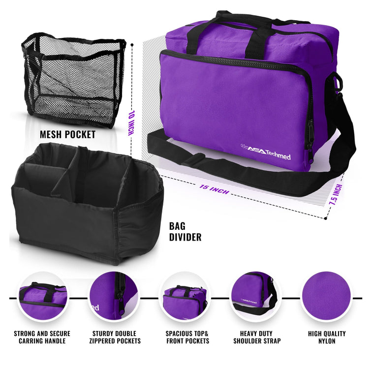 Infographic showing the purple medical bag with dimensions (15x10x7.5 inches) and features like a removable divider, mesh pocket, and heavy-duty shoulder strap.