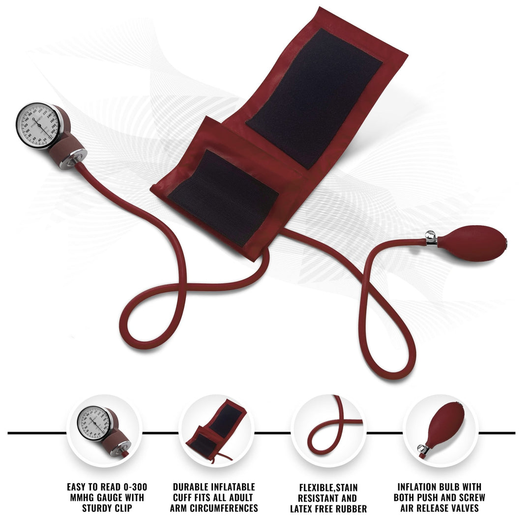 Detailed view of the burgundy manual blood pressure unit, featuring a latex-free inflation bulb, easy-to-read gauge, and a durable nylon cuff for adult arms.
