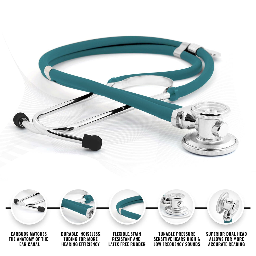 Studio shot of a teal Sprague Rappaport stethoscope highlighting the tunable dual-head chest piece, noiseless tubing, and chrome-plated brass binaurals.