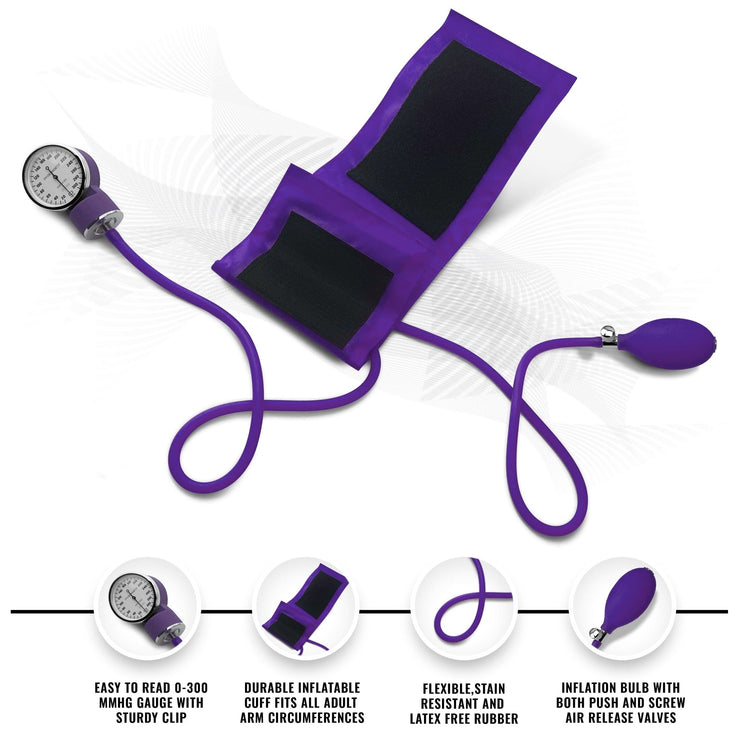 Detailed view of the purple manual blood pressure unit, featuring a latex-free inflation bulb, easy-to-read gauge, and a durable nylon cuff for adult arms.