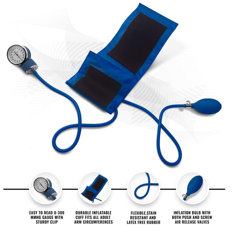Detailed view of the blue manual blood pressure unit, featuring a latex-free inflation bulb, easy-to-read gauge, and a durable nylon cuff for adult arms.