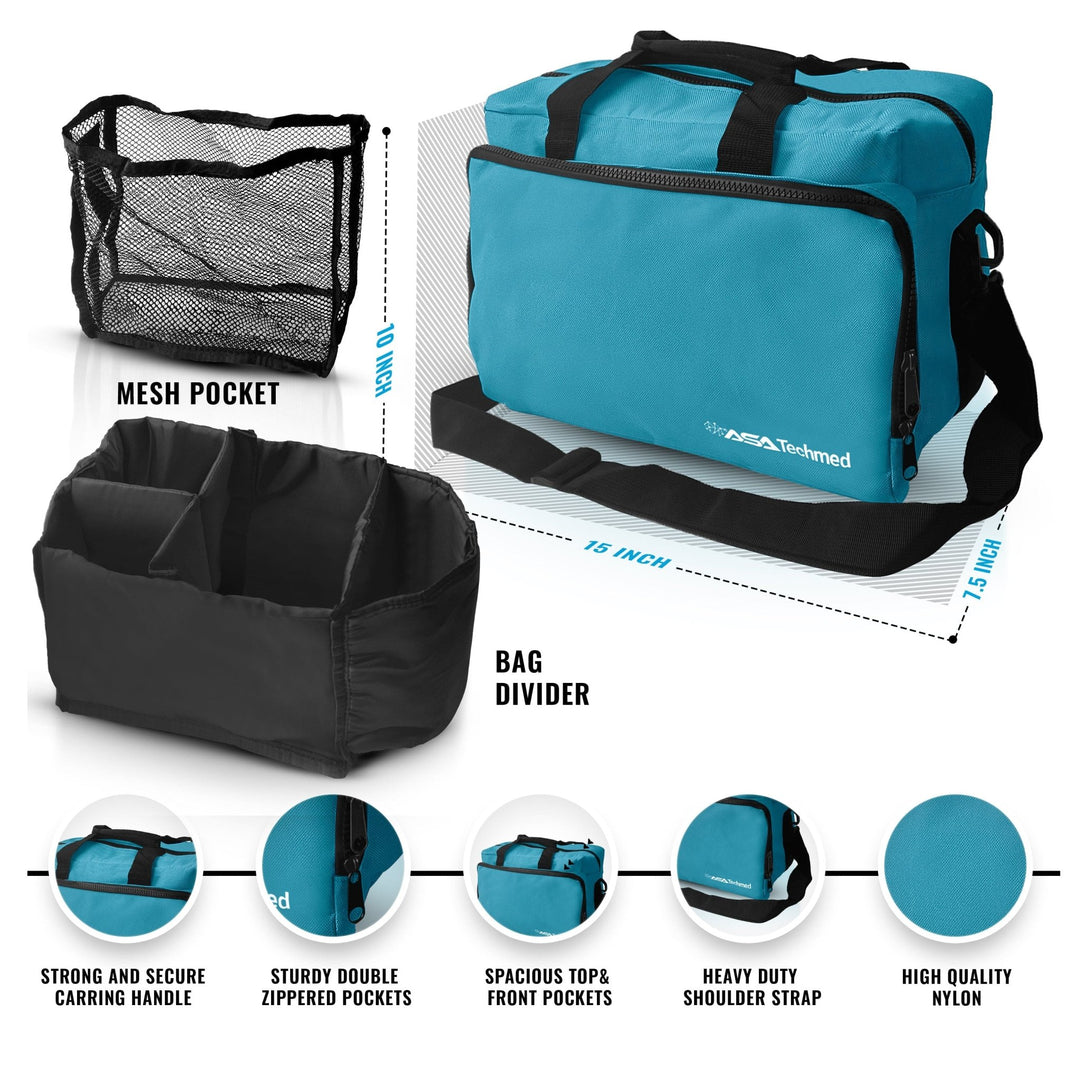Infographic showing the teal medical bag with dimensions (15x10x7.5 inches) and features like a removable divider, mesh pocket, and heavy-duty shoulder strap.