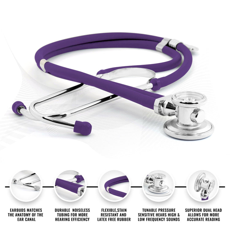 Studio shot of a purple Sprague Rappaport stethoscope highlighting the tunable dual-head chest piece, noiseless tubing, and chrome-plated brass binaurals.