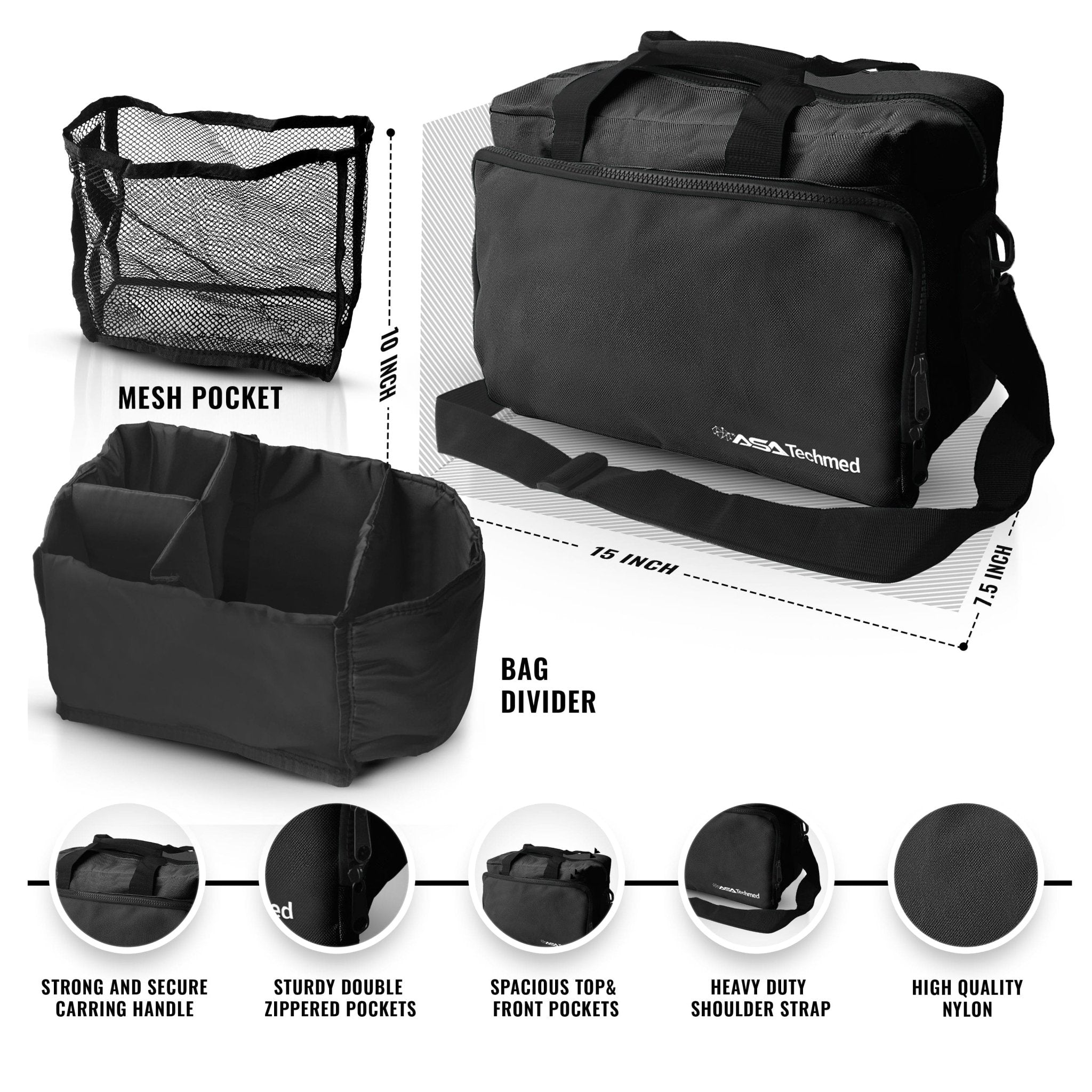 Infographic showing the black medical bag with dimensions (15x10x7.5 inches) and features like a removable divider, mesh pocket, and heavy-duty shoulder strap.
