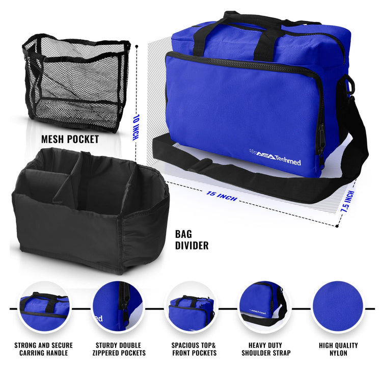 Infographic showing the blue medical bag with dimensions (15x10x7.5 inches) and features like a removable divider, mesh pocket, and heavy-duty shoulder strap.