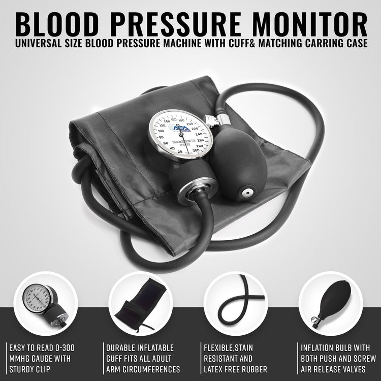A manual blood pressure monitor set featuring a black cuff, a pressure gauge ranging from 0-300 mmHg, and an inflation bulb. Text descriptions point out the durable cuff that fits all adult arm sizes, the sturdy clip on the gauge, and the latex-free rubber tubing.