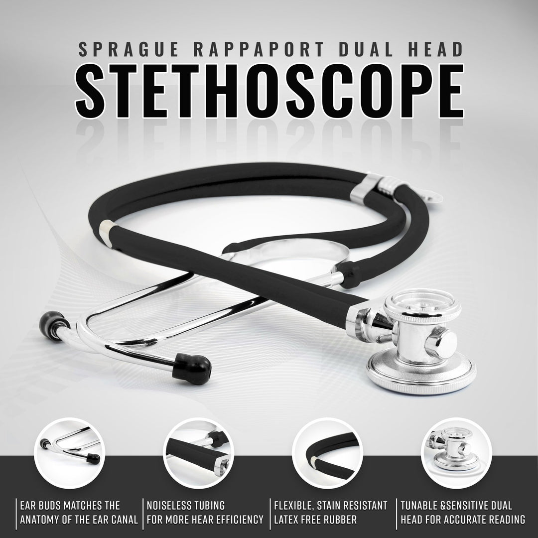 A black Sprague Rappaport dual-head stethoscope. The graphic highlights specific features such as ear buds that match the ear canal anatomy, noiseless tubing for hearing efficiency, flexible stain-resistant latex-free rubber, and a tunable, sensitive dual head.