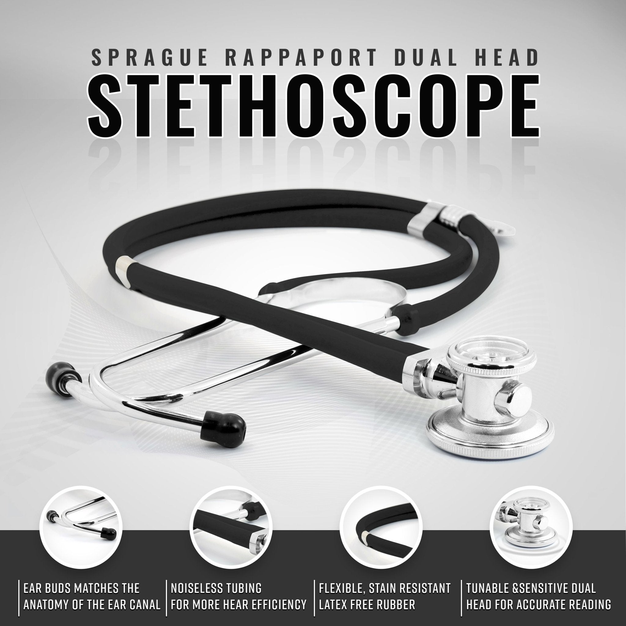 A black Sprague Rappaport dual-head stethoscope. The graphic highlights specific features such as ear buds that match the ear canal anatomy, noiseless tubing for hearing efficiency, flexible stain-resistant latex-free rubber, and a tunable, sensitive dual head.