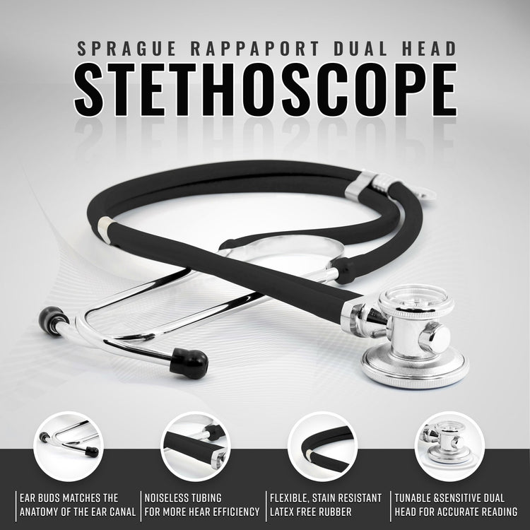 A black Sprague Rappaport dual-head stethoscope. The graphic highlights specific features such as ear buds that match the ear canal anatomy, noiseless tubing for hearing efficiency, flexible stain-resistant latex-free rubber, and a tunable, sensitive dual head.