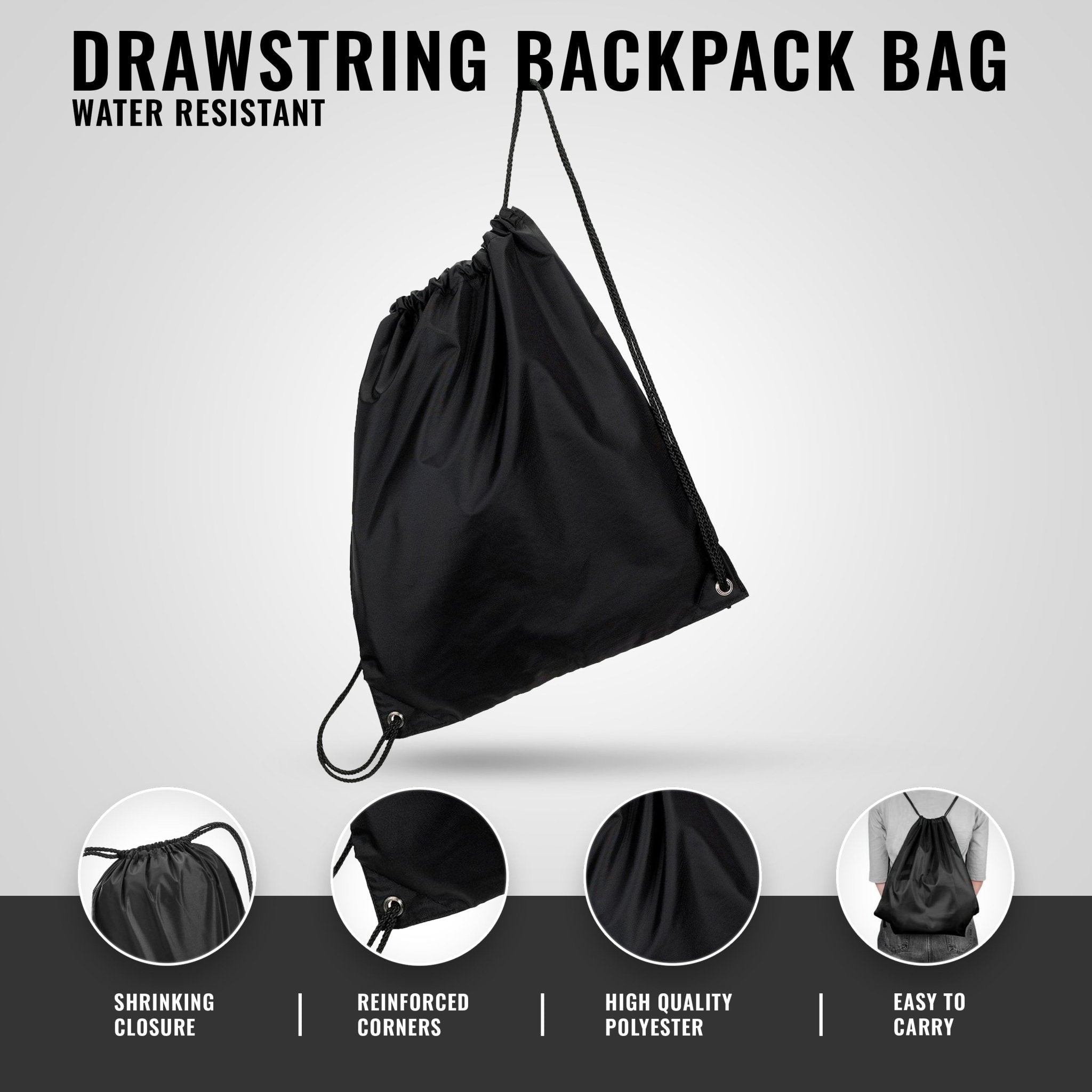 A black, water-resistant drawstring backpack displayed against a grey background. Text highlights features including a shrinking closure, reinforced corners with metal grommets, high-quality polyester material, and an easy-to-carry design.