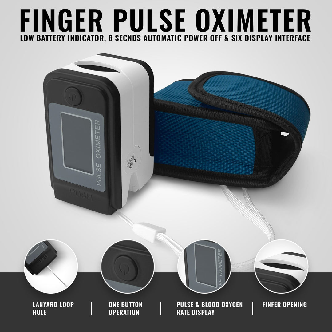 A white and black finger pulse oximeter shown next to a blue protective carrying case. Features highlighted include a lanyard loop hole, simple one-button operation, a clear display interface for pulse and blood oxygen rates, and a silicone finger opening.