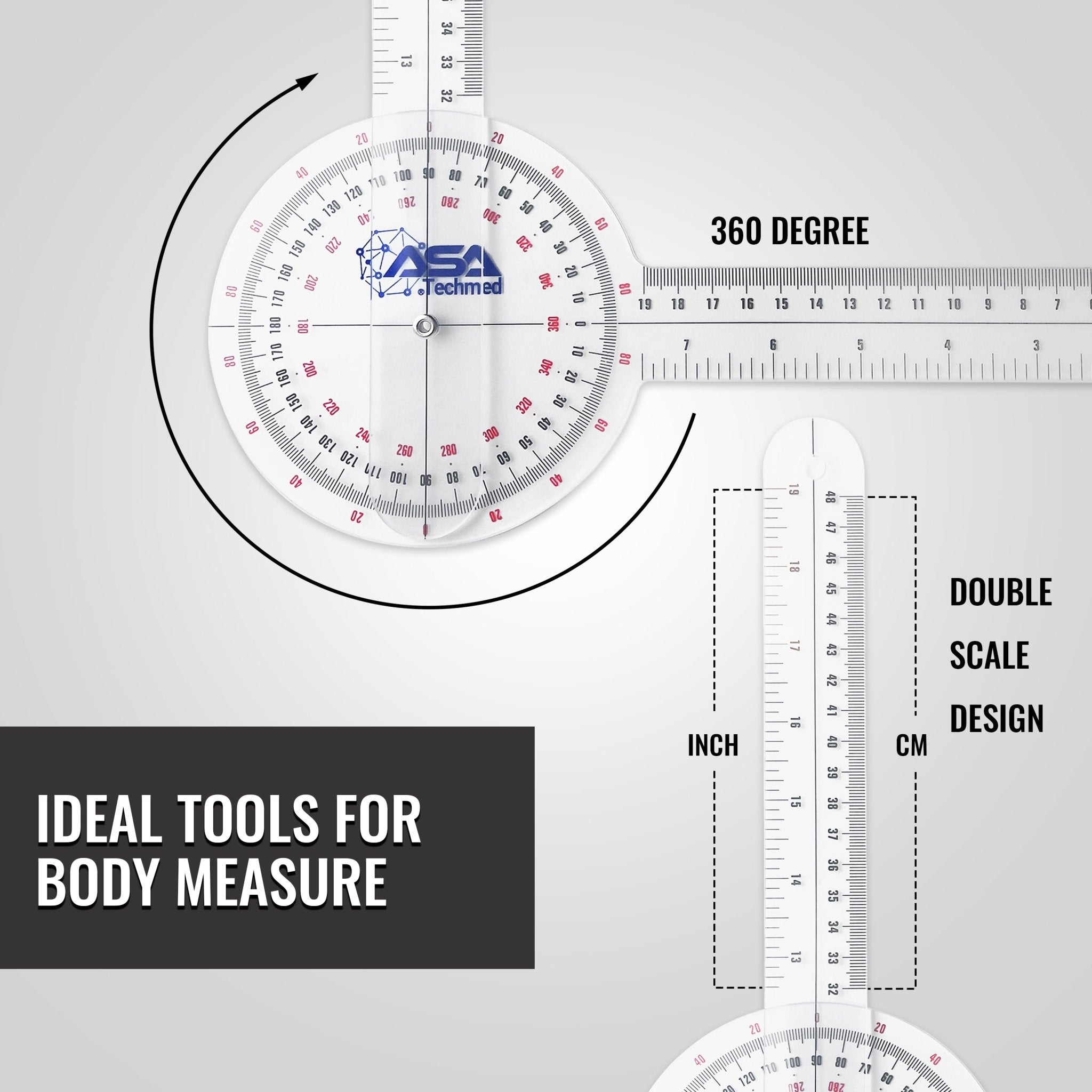 A close-up graphic of a clear plastic 360-degree goniometer used for body measurement. It highlights the circular degree dial and the ruler arms, noting the "double scale design" that includes measurements in both inches and centimeters.