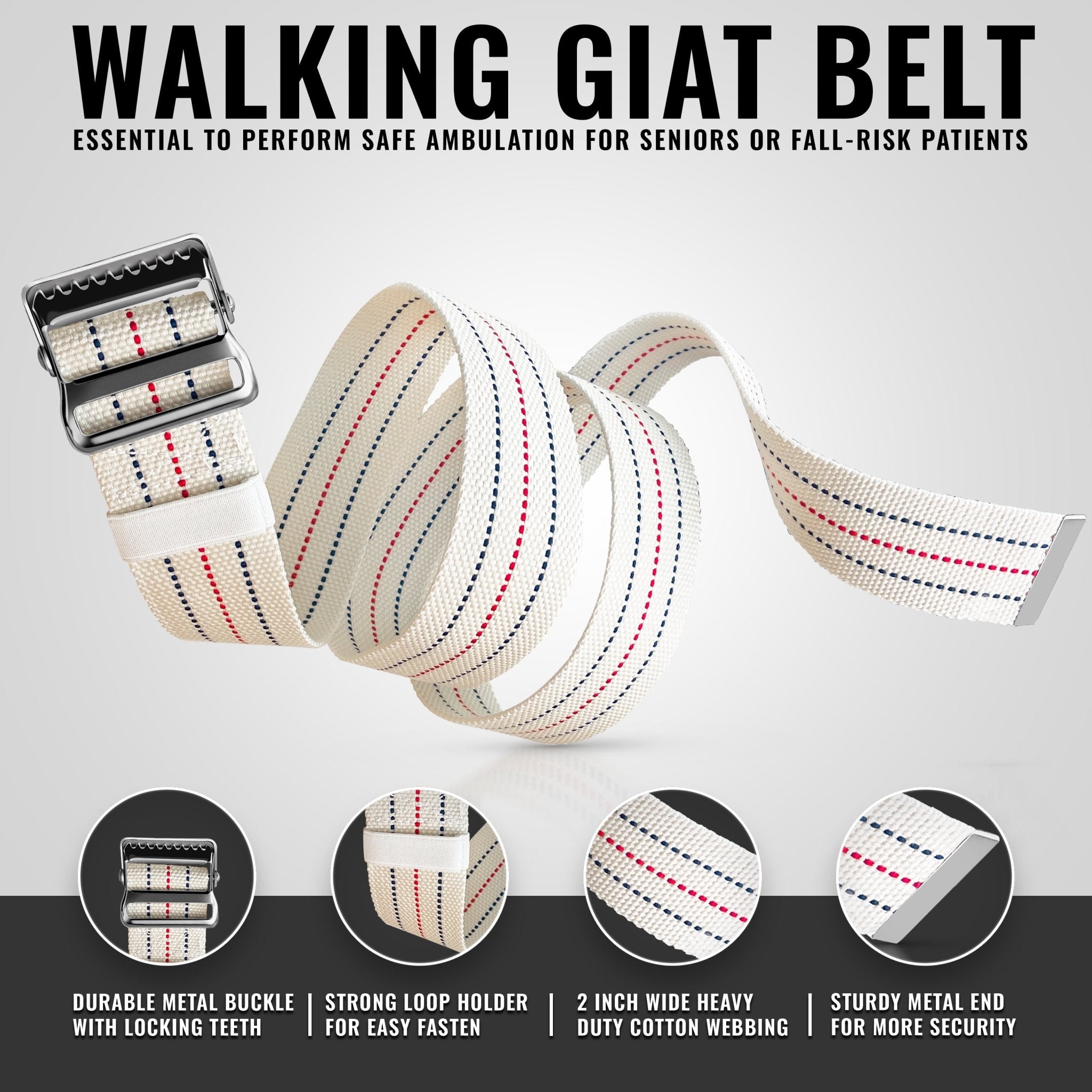 A coiled white walking gait belt with red and blue stripes and a metal buckle. The image lists features such as a durable metal buckle with locking teeth, a strong loop holder, 2-inch wide heavy-duty cotton webbing, and a sturdy metal end for patient safety.
