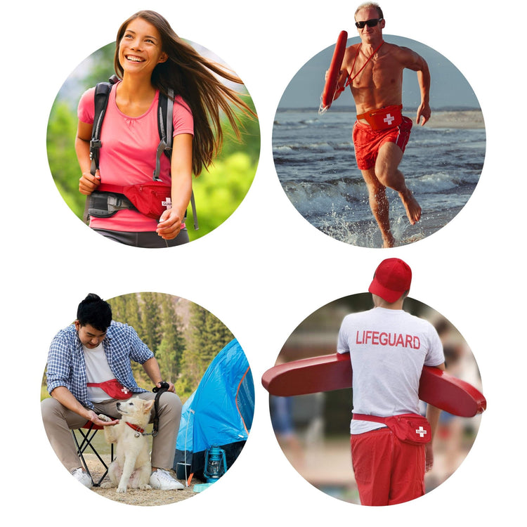 A circular collage of four images showing the red fanny pack in use in different settings: a female hiker wearing it on a trail, a male lifeguard running on a beach, a camper sitting with a dog, and a lifeguard walking with a rescue tube.