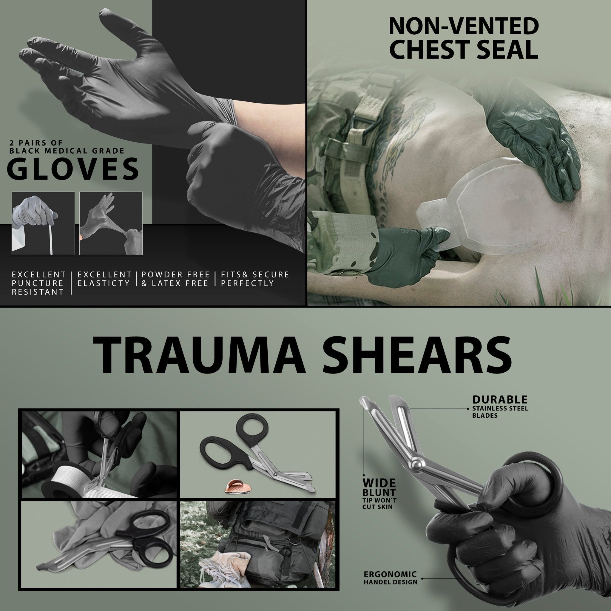 A composite image showing "2 pairs of black medical grade gloves," a "non-vented chest seal" being applied to a torso, and black-handled "trauma shears" cutting through fabric.