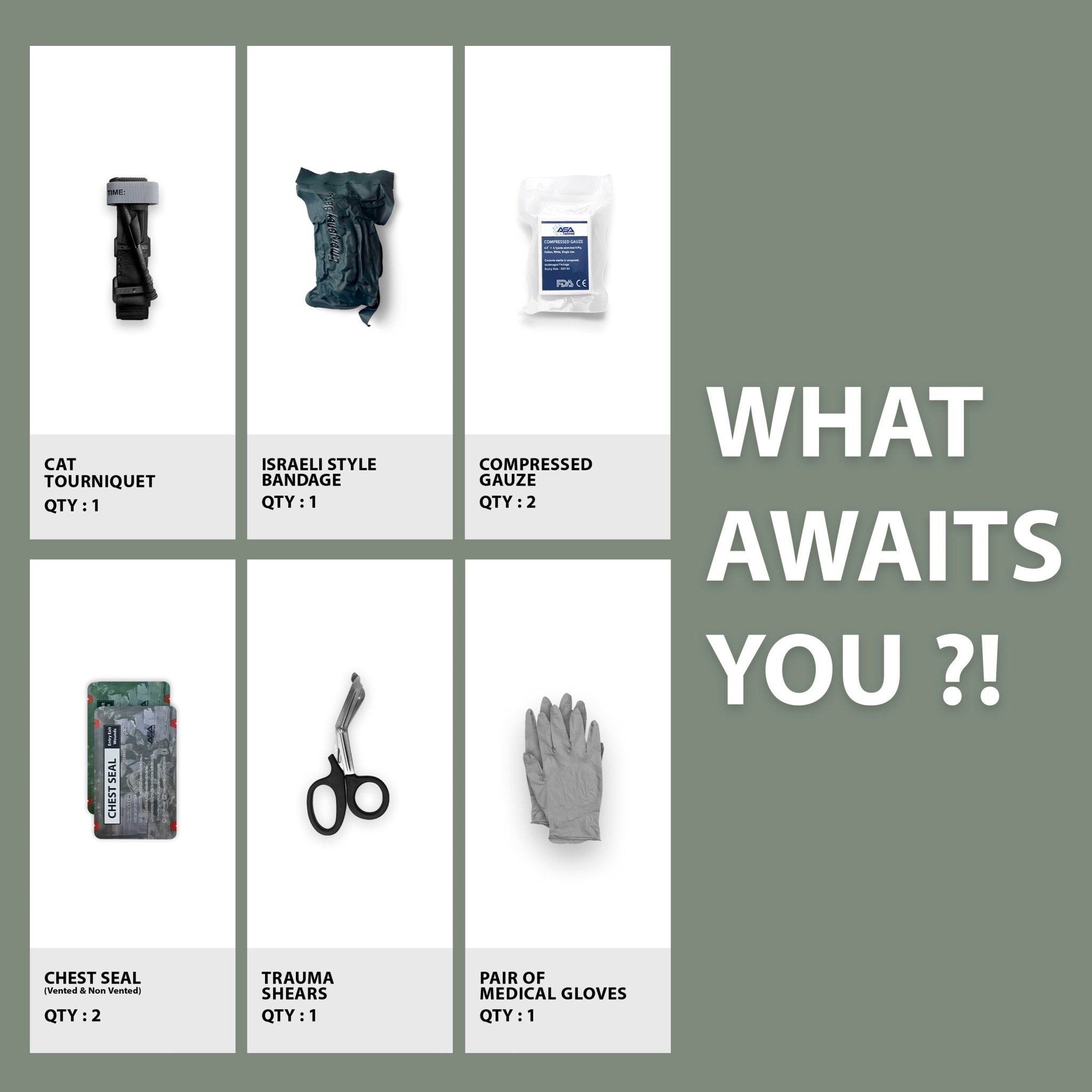 A product list titled "WHAT AWAITS YOU ?!" displays images and quantities of included items: 1 CAT tourniquet, 1 Israeli style bandage, 2 compressed gauzes, 2 chest seals, 1 pair of trauma shears, and 1 pair of medical gloves.