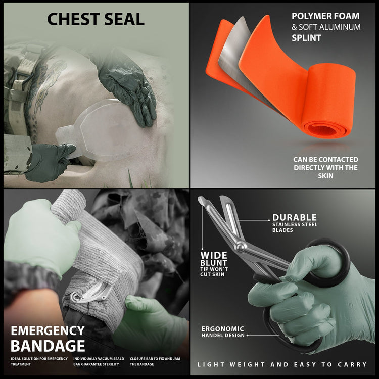 A grid of four images highlighting specific product features: the top left shows a chest seal application; the top right shows the orange splint unrolled to reveal its aluminum core; the bottom left depicts an emergency bandage being wrapped around an arm; and the bottom right shows a gloved hand holding the blunt-tip trauma shears.