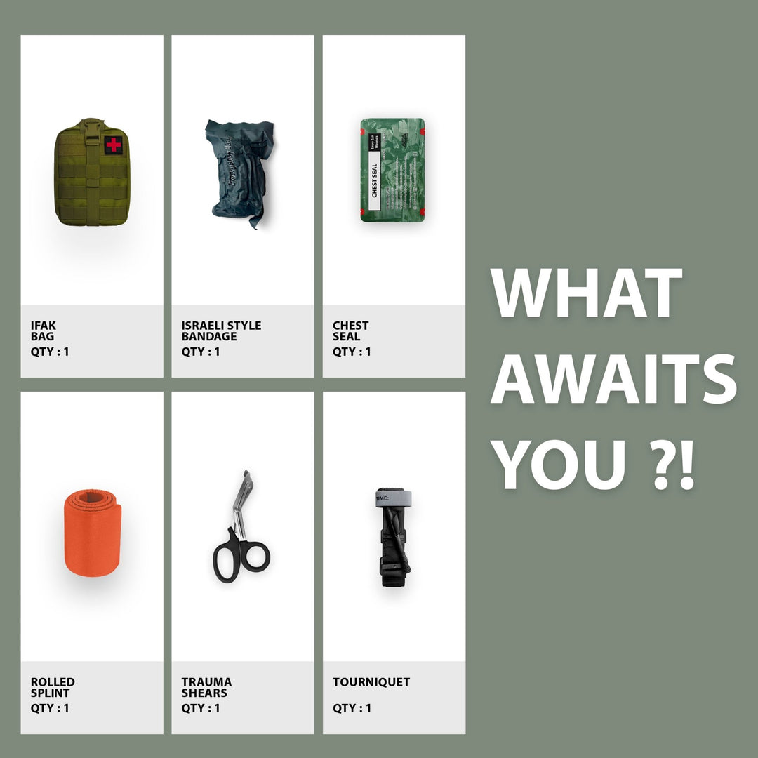 An infographic displaying the six components of an emergency medical kit against a white background. Items include an olive green IFAK bag, a vacuum-sealed Israeli-style bandage, a camouflage-packaged chest seal, a rolled orange splint, black trauma shears, and a black tourniquet. Text on the right reads, "WHAT AWAITS YOU ?!"