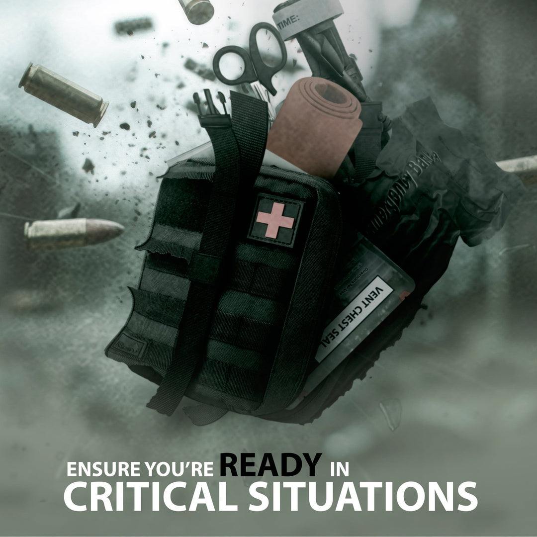 A dramatic graphic showing a black medical pouch opening up with its contents (splint, bandage, shears) exploding outward, surrounded by floating bullet casings and debris. Text at the bottom reads, "ENSURE YOU'RE READY IN CRITICAL SITUATIONS."