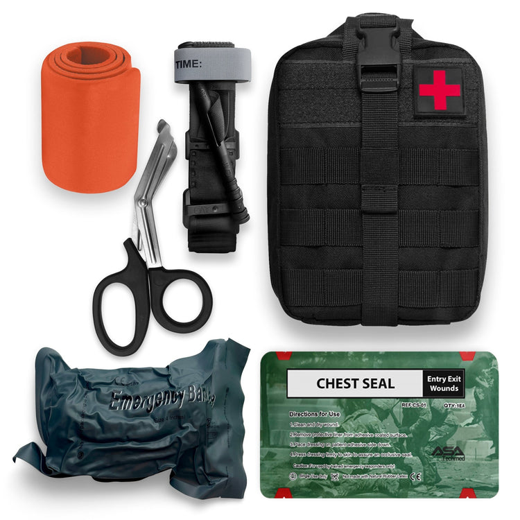 A flat lay photo showing the contents of the medical kit arranged on a white background. The set includes a black tactical pouch with a red cross patch, a rolled orange splint, stainless steel trauma shears, a black tourniquet, a packaged emergency bandage, and a packaged chest seal.