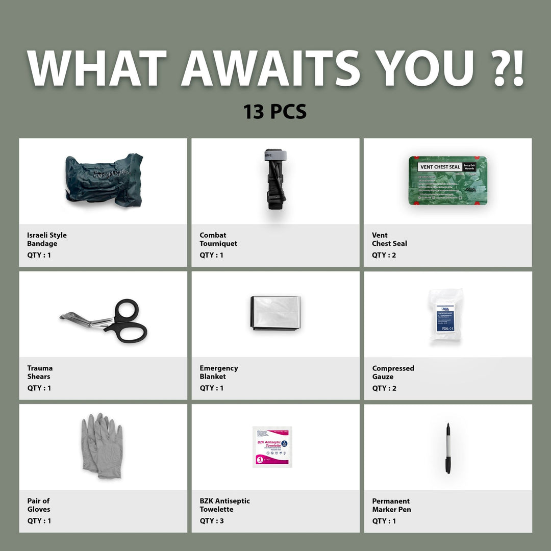 A grid-style infographic titled "WHAT AWAITS YOU ?! 13 PCS" displaying the contents of a trauma kit. The grid lists nine items with images and quantities: Israeli Style Bandage (Qty: 1), Combat Tourniquet (Qty: 1), Vent Chest Seal (Qty: 2), Trauma Shears (Qty: 1), Emergency Blanket (Qty: 1), Compressed Gauze (Qty: 2), Pair of Gloves (Qty: 1), BZK Antiseptic Towelette (Qty: 3), and Permanent Marker Pen (Qty: 1).