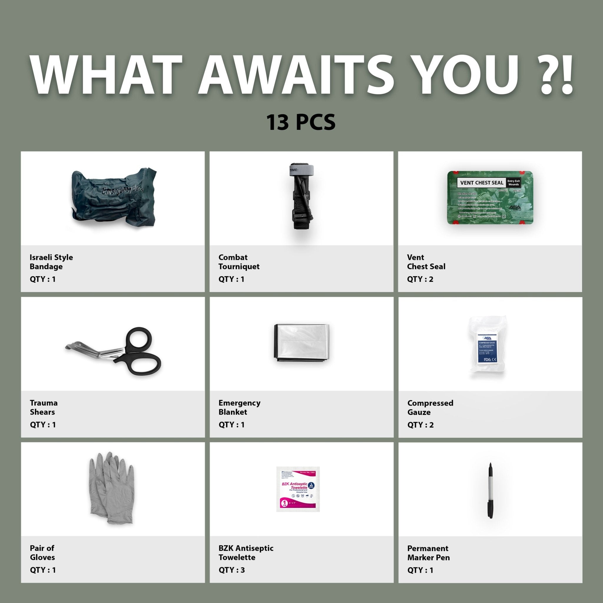 A grid-style infographic titled "WHAT AWAITS YOU ?! 13 PCS" displaying the contents of a trauma kit. The grid lists nine items with images and quantities: Israeli Style Bandage (Qty: 1), Combat Tourniquet (Qty: 1), Vent Chest Seal (Qty: 2), Trauma Shears (Qty: 1), Emergency Blanket (Qty: 1), Compressed Gauze (Qty: 2), Pair of Gloves (Qty: 1), BZK Antiseptic Towelette (Qty: 3), and Permanent Marker Pen (Qty: 1).