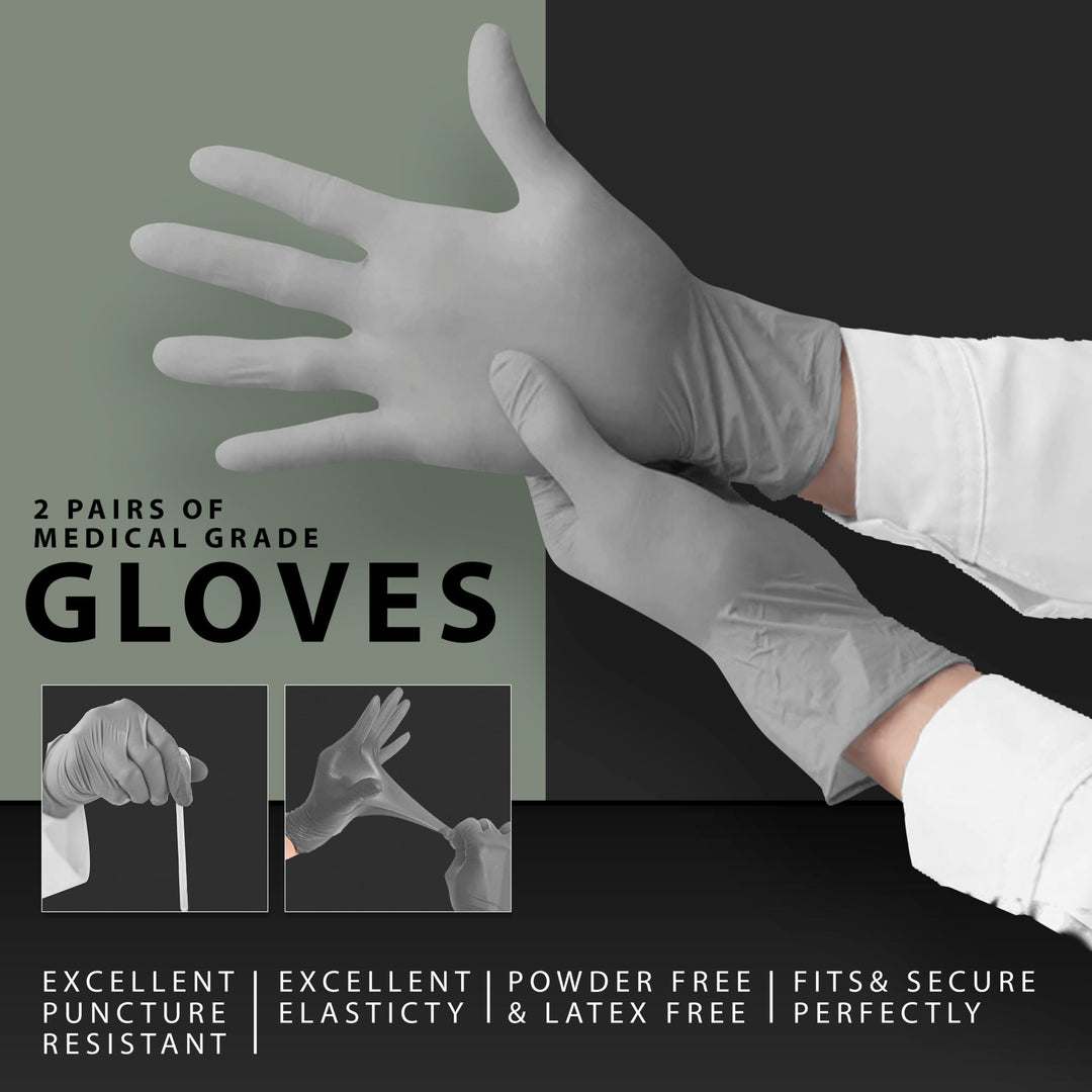 A product graphic for "2 Pairs of Medical Grade Gloves." The main image shows hands putting on gray disposable gloves. Inset photos demonstrate the glove's elasticity. Text at the bottom lists features: "Excellent Puncture Resistant," "Excellent Elasticity," "Powder Free & Latex Free," and "Fits & Secure Perfectly."