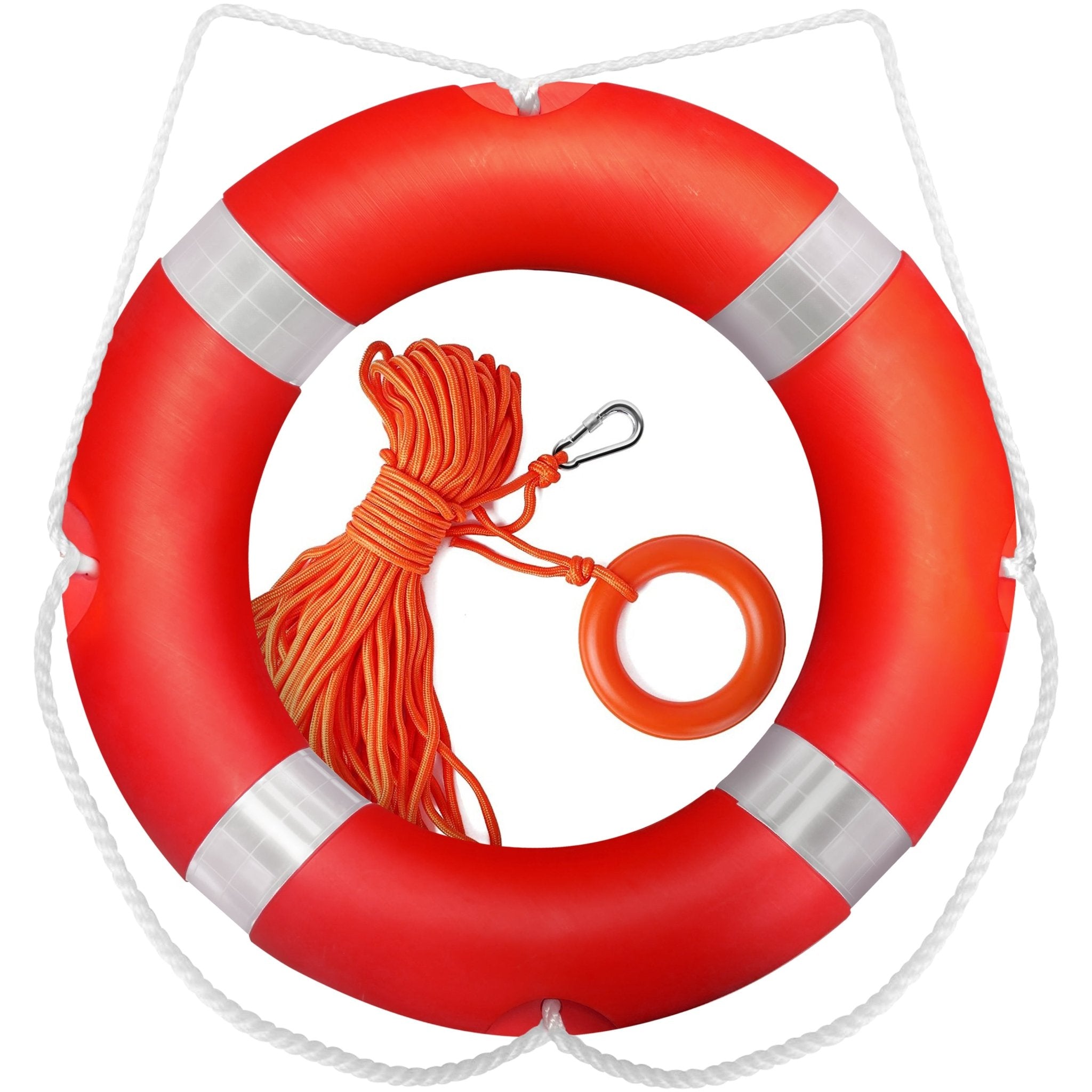 An orange circular life ring on a white background featuring four reflective silver bands and a white grab-rope around the perimeter. In the center sits a coiled orange floating safety rope equipped with a silver carabiner clip and a small orange hand-grip ring.
