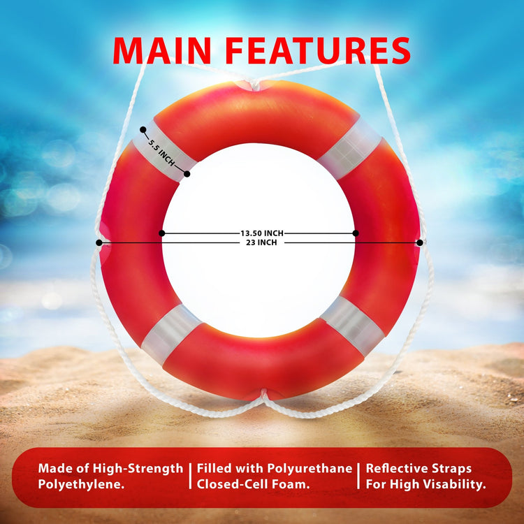 An infographic of the life ring on a beach background showing its dimensions: 23-inch outer diameter, 13.50-inch inner diameter, and a 5.5-inch thick ring. Text at the bottom lists Main Features: "Made of High-Strength Polyethylene, Filled with Polyurethane Closed-Cell Foam, Reflective Straps For High Visibility."