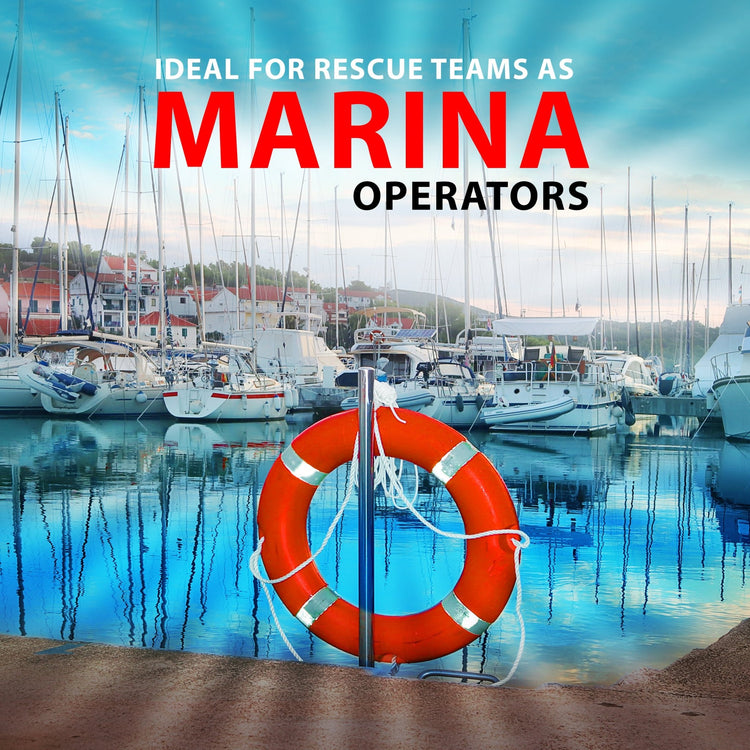 An orange life ring hanging on a metal post at a marina with many sailboats docked in the background. Text overlay reads: "Ideal for Rescue Teams as Marina Operators."