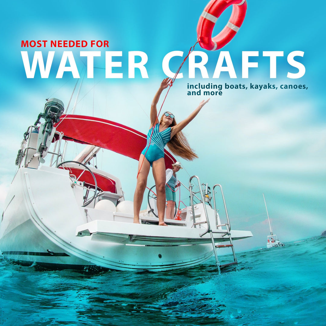 A woman standing on the stern of a white sailboat throwing the orange life ring into the water. Text reads: "Most Needed for Water Crafts including boats, kayaks, canoes, and more."