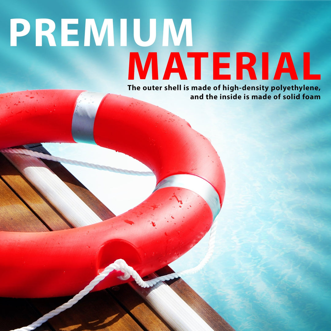 Close-up of the orange life ring resting on a wooden dock next to blue water, showing water droplets on the surface. Text reads: "Premium Material. The outer shell is made of high-density polyethylene, and the inside is made of solid foam."