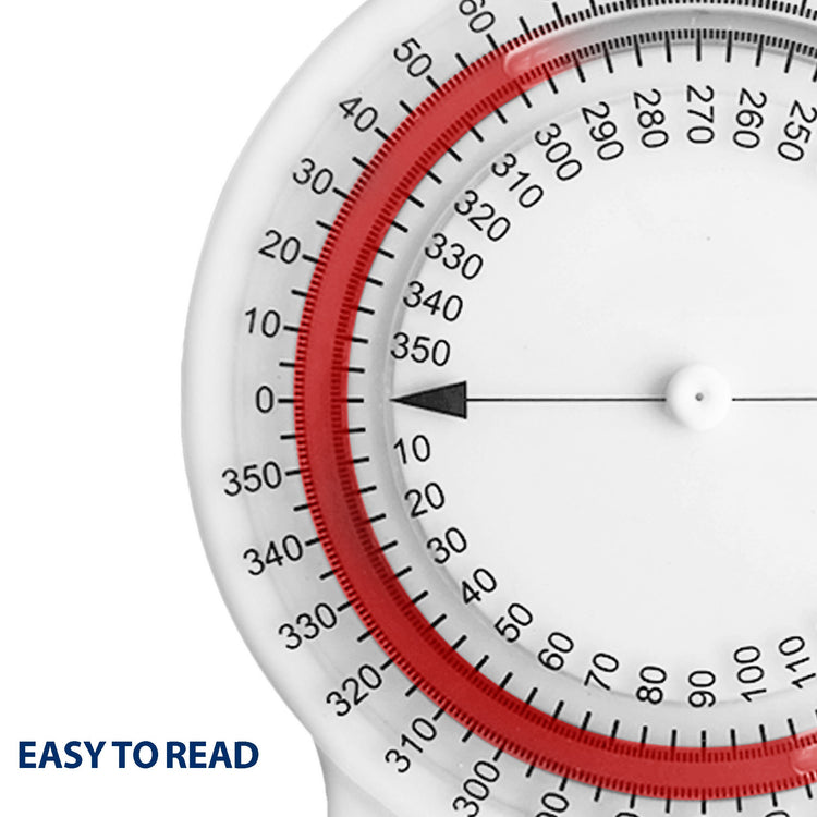 An extreme close-up of the left side of the dial face, showing clear black numbers, a needle pointing to zero, and the red fluid track. Text at the bottom left reads "EASY TO READ".