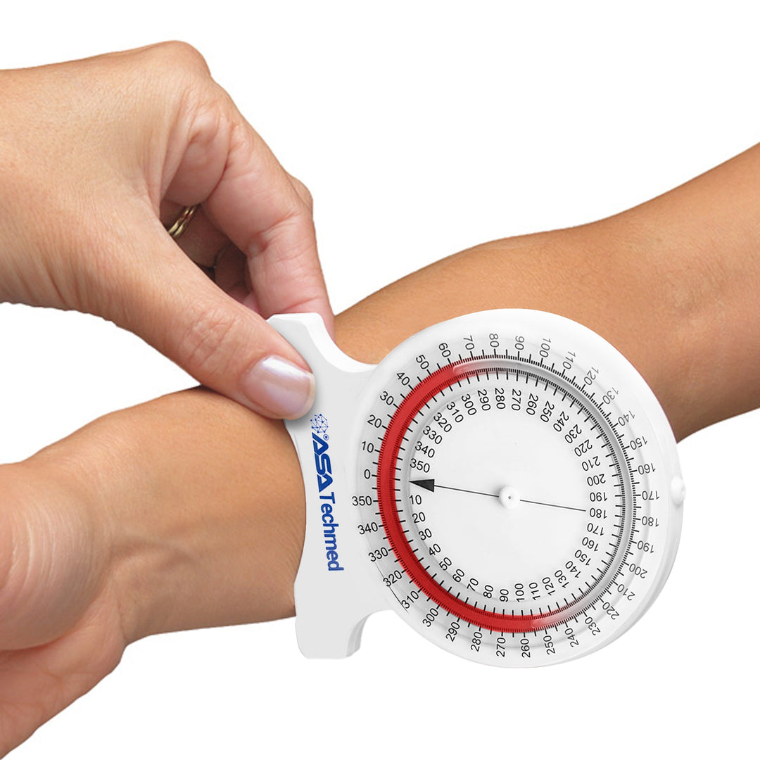 A demonstration of the tool being used to measure joint flexibility, featuring a person holding the ASATechmed inclinometer against a wrist to gauge the angle.