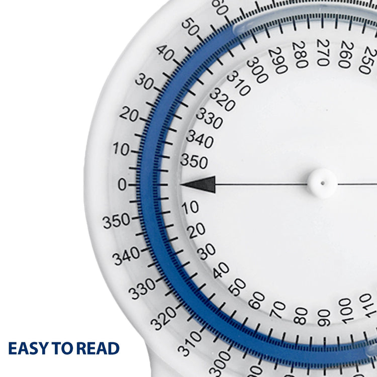 An extreme close-up of the left side of the dial face, showing clear black numbers, a needle pointing to zero, and the blue fluid track. Text at the bottom left reads "EASY TO READ".